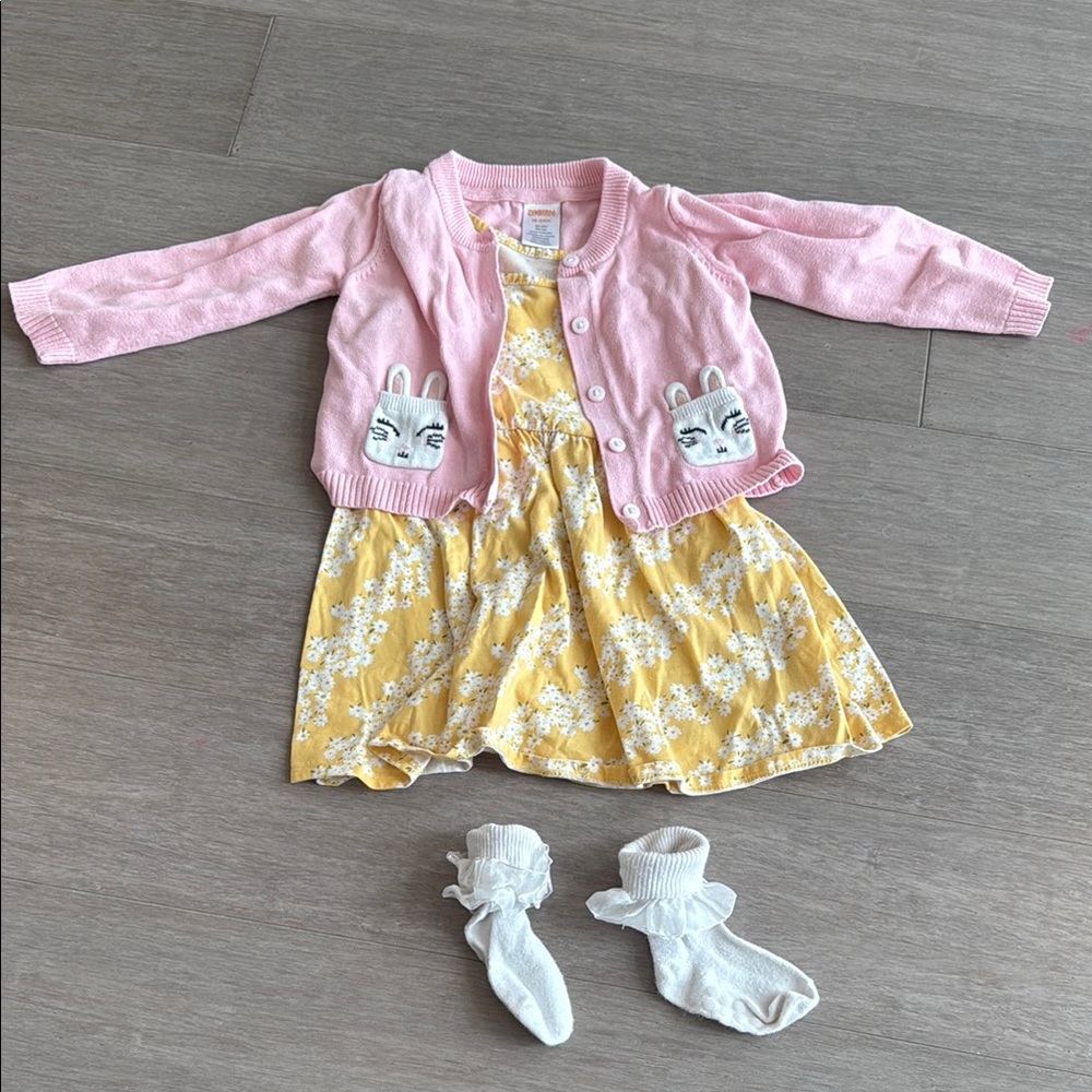 24M Pink Bunny Cardigan and Yellow Floral Dress Set